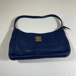 Liz Claiborne Blue Faux Leather Shoulder Bag Purse Gold Logo Minimalist